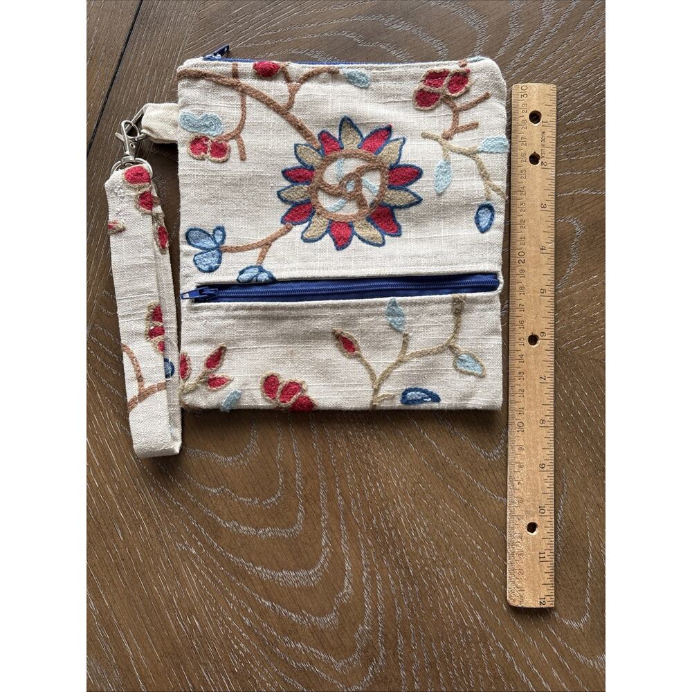Boho Floral Embroidered Linen Wristlet Pouch Zip Clutch Bag Neutral Red Blue